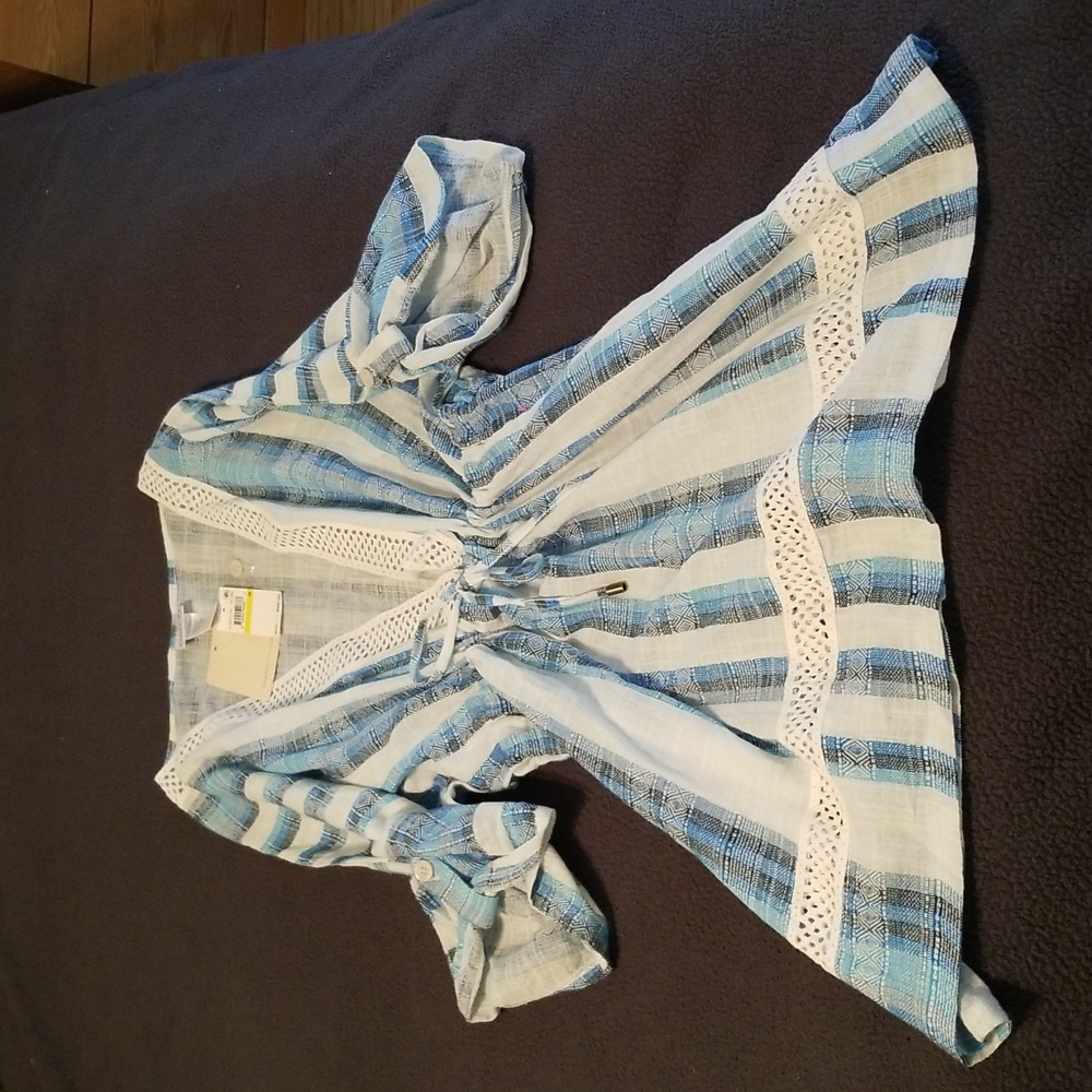 NWT DOTTI Swim Coverup blue, turquoise, white vertical stripes 100%Cotton size M